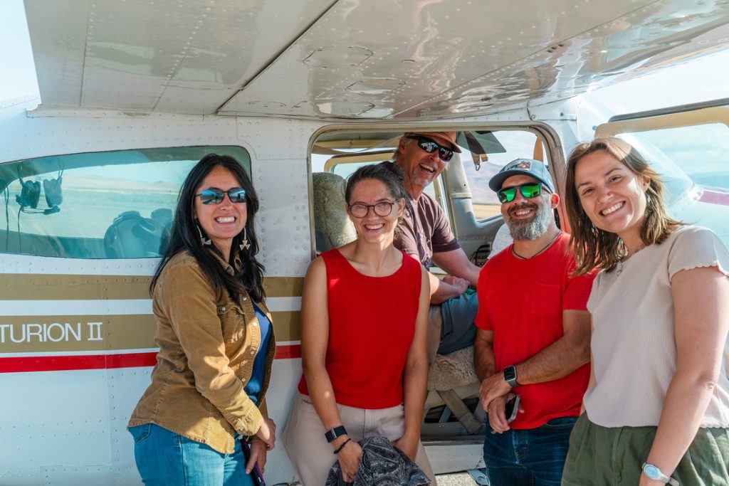 Coalition Members About to Depart on EcoFlight over the proposed Sáttítla National Monument (Left to Right: Bianca Garza, Isobel Nairn, Nick Joslin, Matt Keller, and Karah Fisher) Image: EcoFlight