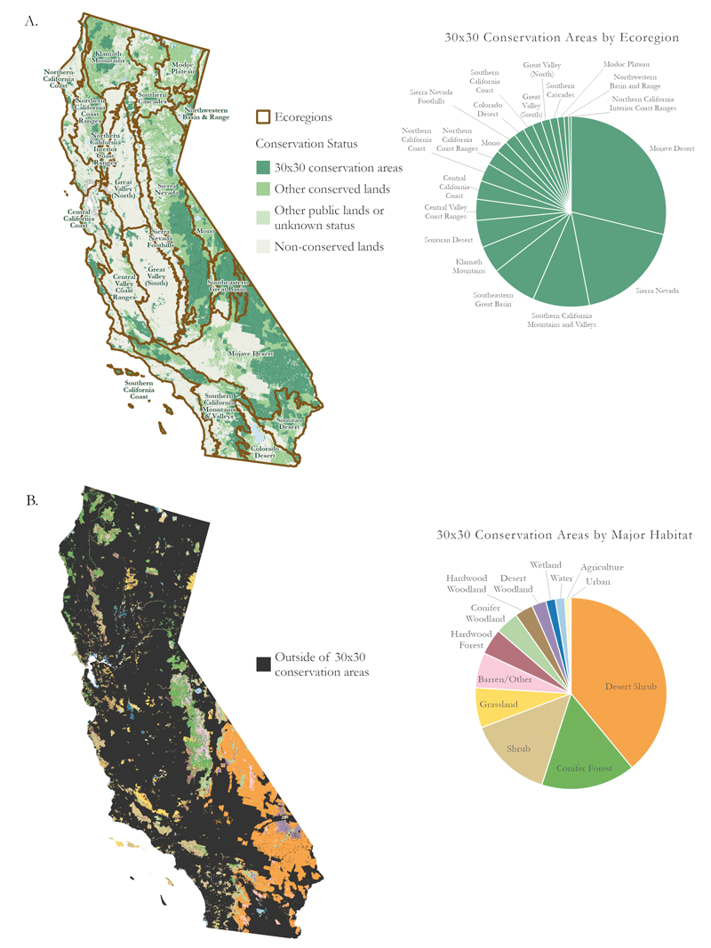 Figure 2. (a) Map of California ecoregions and a pie chart of proportional ecoregional composition of the network of 30x30 Conservation Areas and (b) a map of major habitat types and land cover within 30x30 Conservation Areas along with a pie chart of proportional land cover within the 30x30 Conservation Areas network.