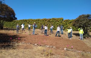 People stand outdoors in a cleared space ready for planting.
